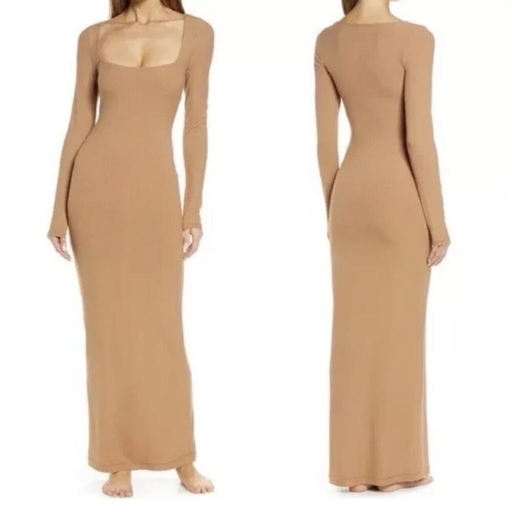 Skims Soft Lounge Long Sleeve Dress in Camel Size XXS Needs Seam Stitched C PICS